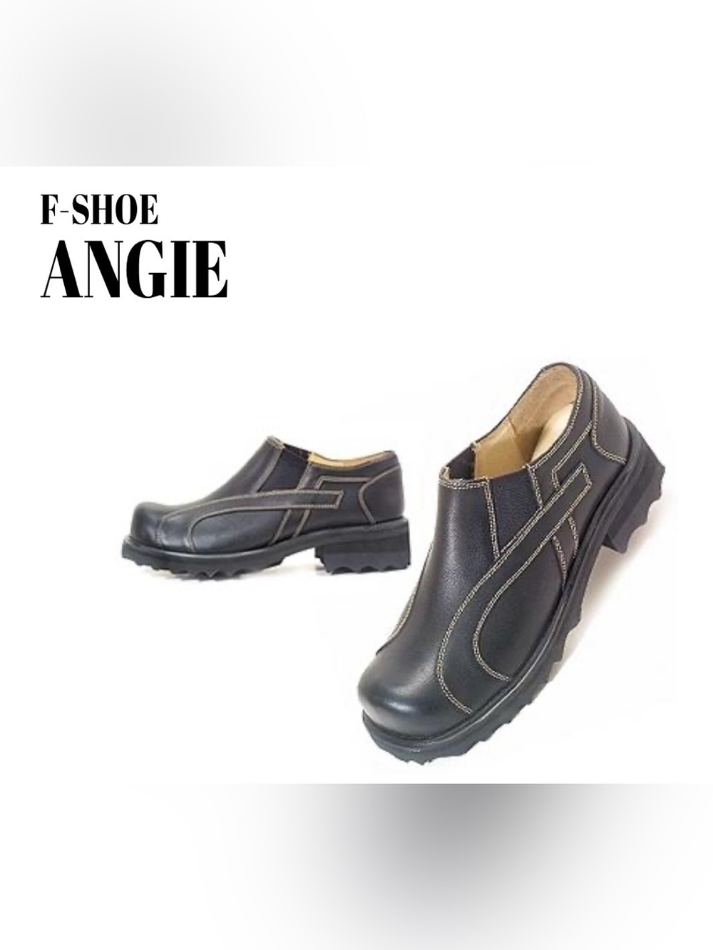 Fluevog VINTAGE EXCELLENT F-Shoe Angie black slip-on w/ contrast beige stitch -7